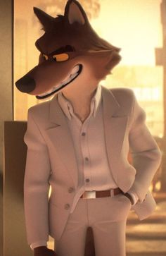 a man in a white suit with a wolf mask on his head standing next to a building