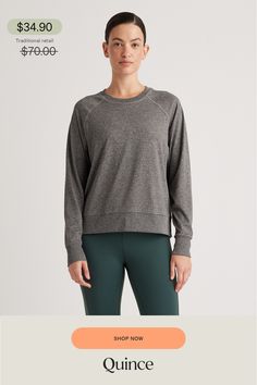 When comfort and performance is the priority, grab this Flowknit Pullover Crew. Perfect for staying cozy to and from your favorite workout class, this pullover offers quick-drying and moisture-wicking properties, helping to keep you dry even when you're most active. Its fabric also helps keeps you feeling fresh, while the 4-way stretch gives extra flex.  | Quince | Women's Flowknit Pullover Crew Neck Alpaca Sweater in Heather Grey, Size XS, Recycled Polyester / Spandex Heather Brown, Alpaca Sweater, Heather Green, Beyond Yoga, Blue Stripes, Black And Navy, Alpaca, Polyester Spandex, Quick Dry