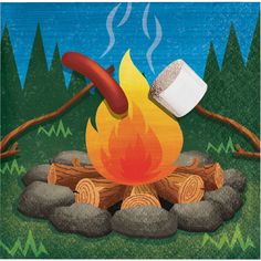 a campfire with marshmallows and hot dog on it