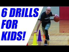 a young boy dribbling a basketball through cones on a court with the words 6 drills for kids