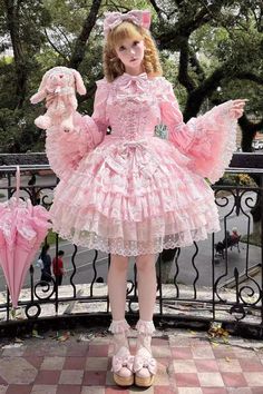 Fabric: Polyester Color: Pink Feature: Multi-Layered, Ruffle, Bowknot, Lace Style: Sweet Include: Dress*1 (Any of the accessory is not included.) Size (IN) Bus Aesthetic Pink Dress, Pastel Clothing, Magical Clothes, Outfit Reference, Hime Gyaru, Dream Fashion, Lolita Outfits, Fashion Things, Kawaii Style