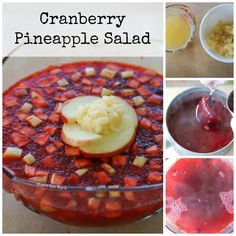 cranberry pineapple salad in a glass bowl with apples and other toppings