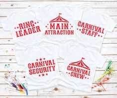 three t - shirts with the words carnival security and ring leader, main attraction on them