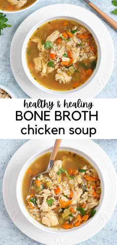 two bowls filled with bone broth and chicken soup