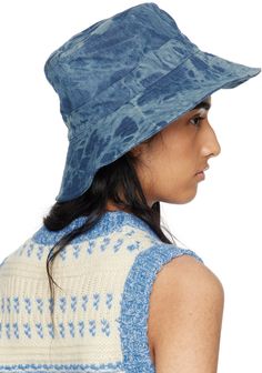 Non-stretch recycled cotton denim bucket hat in blue. · Bleached effect throughout · Logo embroidered at face · Quilted brim · Cord-lock drawstring chinstrap · Full cotton broadcloth lining Supplier color: Bleached denim Blue Cotton Bucket Hat With Flat Brim, Blue Cotton Bucket Hat For Outdoor, Adjustable Washed Bucket Hat, Everyday Blue Brimmed Hat, Adjustable Washed Bucket Hat With Short Brim, Adjustable Washed Bucket Hat For Spring, Spring Adjustable Washed Bucket Hat, Blue Washed Hat With Curved Brim, Denim Blue Cotton Bucket Hat With Curved Brim