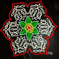 an intricately designed flower with green leaves on black background, painted in white and red