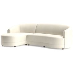 the curved couch is white and has black legs