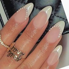 Holiday Nail Inspiration for Your Next Manicure - Jena Green Engagement Nails With Pearls, Cute Nails For A Wedding, Wedding Simple Nails, Almond Pearl French Tip Nails, Nail Inspo Acrylic White, Christan Nails Design, Cute Nails For Wedding, Almond Nails Birthday Set, Almond Simple Nail Ideas