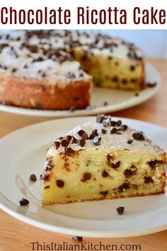 there is a piece of cake on the plate and one slice has chocolate chips around it