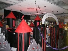 an inflatable castle with red and black decorations