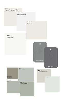 several different shades of gray and white with the names of each paint colors on them