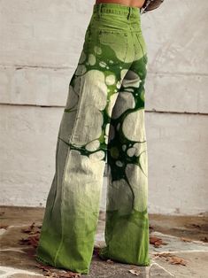 Unique Sewing Patterns, Ropa Upcycling, Water Pattern, Xmas Dress, Printed Long Skirt, Water Patterns, Green Gradient, Casual Wide Leg Pants, Painted Clothes