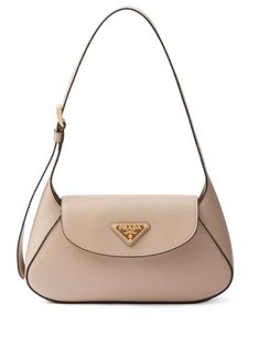 light beige leather enamel triangle logo adjustable shoulder strap foldover top with magnetic fastening main compartment gold-tone hardware internal logo stamp Beige Purses, Luxury Bags Collection, Prada Shoulder Bag, Prada Leather, Pretty Bags