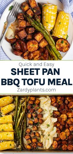 an image of sheet pan bbq tofu meal with text overlay that reads quick and easy sheet pan bbq tofu meal