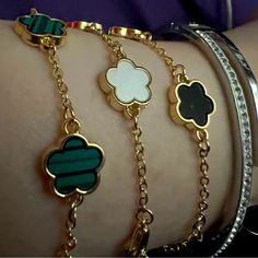 Available New Clover Leaf Bracelets Each Will Come With Free Matching Necklace Available: In Green White Pink Black Gold Plated You Will Receive 6 Items 3 Clover Leaf Bracelets And Necklace Matching To Each Bracelet