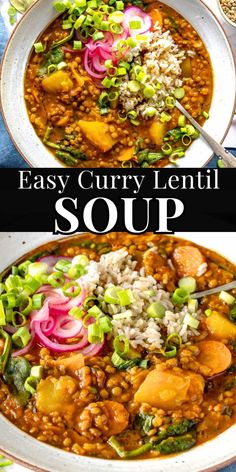 easy curry lentil soup in a bowl with rice and vegetables