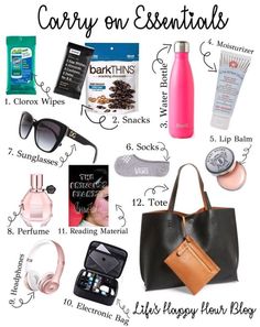 the contents of a carry on essentials bag, including sunglasses, lipstick, eyeglasses and other items