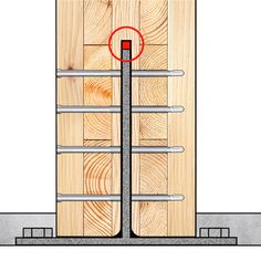 an image of a wooden door with metal bars on the front and side, as well as a red circle at the bottom