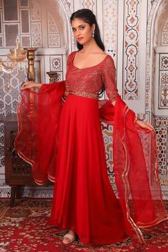 Shop for Esha Koul Red Georgette Embellished Anarkali Set for Women Online at Aza Fashions Red Anarkali, Blouse Yoke, Red Kurta, Scallop Hem, Organza Dupatta, Scalloped Hem, Asymmetrical Hem, Set For Women, Festival Wear