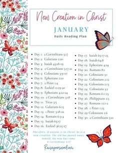 the new creation in christ january daily reading plan is shown with butterflies and flowers on it