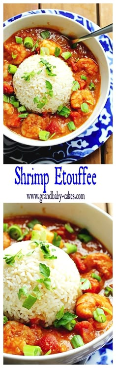 shrimp etouffe with rice in a blue and white bowl