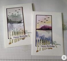 two greeting cards with watercolors on them, one is for birthday and the other is for happy birthday