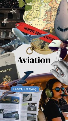 a collage of photos with an airplane, passport, and other things in the background