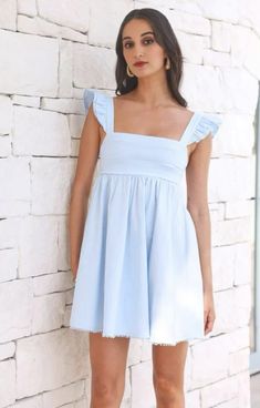 Blue School Dance Dresses, Blue Dresses Summer, Loose Fitting Dresses Classy, Sunday Brunch Outfit Summer Casual, Rush Dresses Sorority Recruitment, Preference Dresses, Blue Preppy Outfit, Dresses Preppy, Blue Hoco Dress