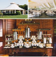 the tables are covered with white cloths and chairs for an outdoor wedding or reception