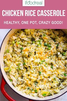 chicken rice casserole in a red pot with text overlay that reads, chicken rice casserole healthy, one pot, crazy good