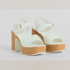 4.5" Cork Block Heel Square Toe Cork Platform Sole Faux Leather Straps Adjustable Ankle Strap, Buckle Closure Runs True To Size Nwo Box Color: White Platform Block Heels, Pump Dress, Dress And Heels, Wide Straps, Platform Heels, Wedge Heels, Purses Crossbody, Block Heels, Ankle Strap