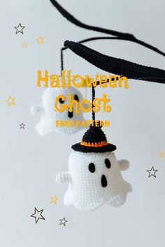 crocheted ghost ornament hanging from string with text overlay that reads, halloween ghost free pattern