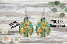 sunflowers and plaid fabric tear earrings on wooden background with text digital product png file