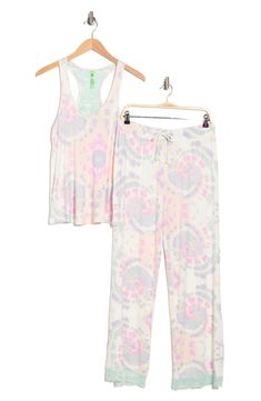 Lounge in ultimate comfort in this super soft scoop neck tank and pajama bottoms set. 2-piece set Top: 24" length; Pants: 13" rise, 29" inseam (size S) Top: scoop neck, sleeveless, racerback, knit construction, lace trim Bottoms: elasticized drawstring waist, pull-on style, knit construction, lace trim 95% rayon, 5% spandex Machine wash Imported Model’s stats for sizing: 5’11” height, 32” bust, 24” waist, 34” hips. Model is wearing size S. Casual Sleeveless Lounging Sets, Casual Multicolor Loungewear Sets, Multicolor Matching Set Bottoms For Loungewear, Casual Matching Set Bottoms For Pajama Party, Multicolor Long Pants Sleepwear For Loungewear, Pajama Bottoms, Honeydew, Racerback Tank, Drawstring Waist