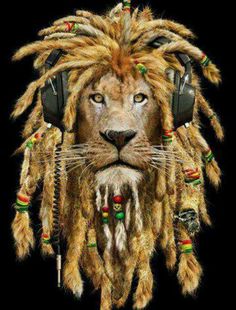 a lion with headphones and dreadlocks on it's face is shown