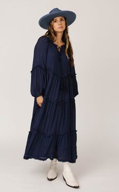 The Cora Dress in Navy – GabyVer Long Sleeve Peasant Dress With Ruffles, Long Sleeve Peasant Dress With Ruffles For Fall, Casual Long Sleeve Maxi Dress With Lace Trim, Flowy Long Sleeve Peasant Dress With Ruffles, Flowy Long Sleeve Peasant Dress, Long Sleeve Flowy Boho Dress With Ruffles, Flowy Long Sleeve Boho Dress With Ruffles, Denim Overalls, Plaid Dress