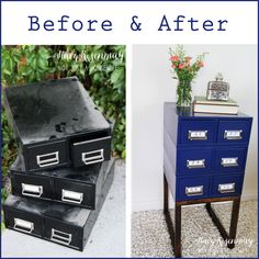 the before and after photos of an old filing cabinet with drawers painted blue, white and black