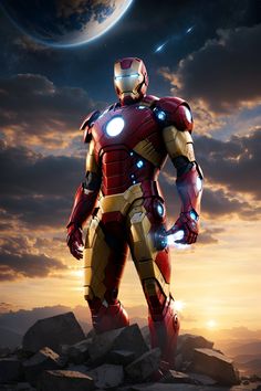 an iron man standing on top of a rocky hill