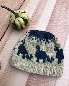 a knitted hat sitting on top of a wooden floor next to a pumpkin and squash