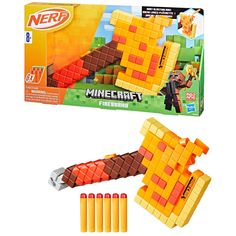 an orange and brown lego block toy next to it's box with eight pieces