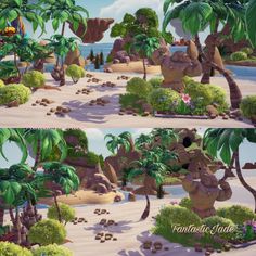 some cartoon trees and rocks on a beach