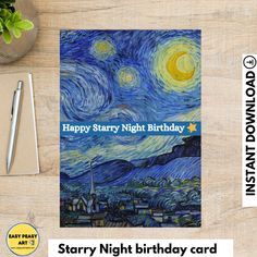 starry night birthday card with writing on it