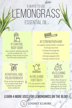 Lemongrass essential oil lends itself well for many uses for personal care products. It is actually from the grass family and is commonly used to make tea and as a flavoring in many Asian dishes. Here are more ways to use this go-to essential oil! Essential Oils Lemongrass Uses, Lemongrass Essential Oil Uses, Young Living Oils Recipes