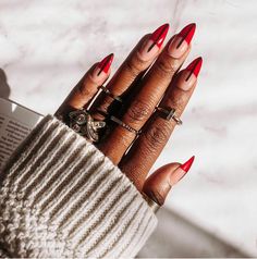 Trendy Nail Ideas Edgy Nails Acrylic Grunge Short Almond, Modern Red Nails, Vday Stilleto Nails, Black And Red Pointy Nails, Bold Nail Designs For Short Nails, Baddie Almond Nails Red, Trendy Nail Art Almond, Red Cool Nails, Red Nail Acrylic Designs