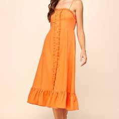 Sleeveless Ruffle Linen Midi Dress In Orange Casual Midi Dress With Ruffled Straps For Brunch, Sundress With Ruffled Straps For Day Out, Sleeveless Maxi Dress With Ruffle Hem For Date Night, Spring Date Night Maxi Dress With Ruffled Straps, Summer Sleeveless Dress With Ruffled Straps For Brunch, Chic Orange Sleeveless Sundress, Strapless Ruffled Sundress For Spring, Strapless Ruffled Sleeveless Dress For Vacation, Sleeveless Ruffled Dress With Spaghetti Straps For Brunch