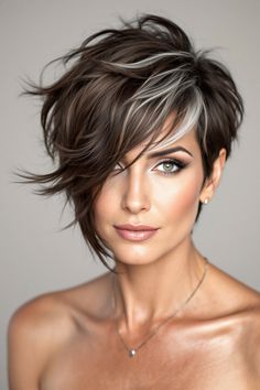 Hair Colour For Pixie Haircut, Short And Sassy Haircuts Over 50, Short Hair Styles Pixie Over 50 Brunette, Short Pixie With Long Bangs, Layered Hair For Short Hair, Black And Silver Pixie Hair, A Line Haircuts For Women, Brunette Pixie Haircut Edgy, Short Hair Outfit Ideas