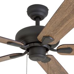 a ceiling fan with two wooden blades on it's blade and one light is turned on