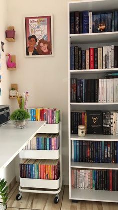 a book shelf filled with lots of books next to a white desk and wall mounted pictures