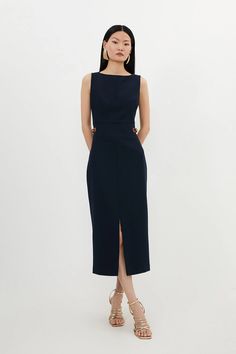 Compact Stretch Tailored Pu Tab Detail Midi Dress | Karen Millen Column Silhouette Dress, Midi Business Dress, Evening Work Dress, Business Attire For Petite Women, Tailored Feminine Style, Dress To Work The Office, Classic Style Dress, Cute Business Dresses, Dramatic Classic Formal Dress