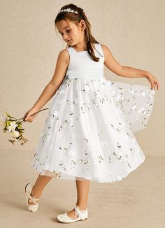 Pollie is our sweet and joyful flower girl A-line dress made from our embroidered tulle. This dress is not only perfect for a flower girl at a wedding but also versatile enough for other special occasions. Kids Dresses White, Simple White Dress For Kids, Tea Length Flower Girl Dress, Tea Length Tulle, White Flower Girl Dresses, Tulle Flower Girl, Flower Girl Dresses Tulle, Embroidered Tulle, Dress Flower